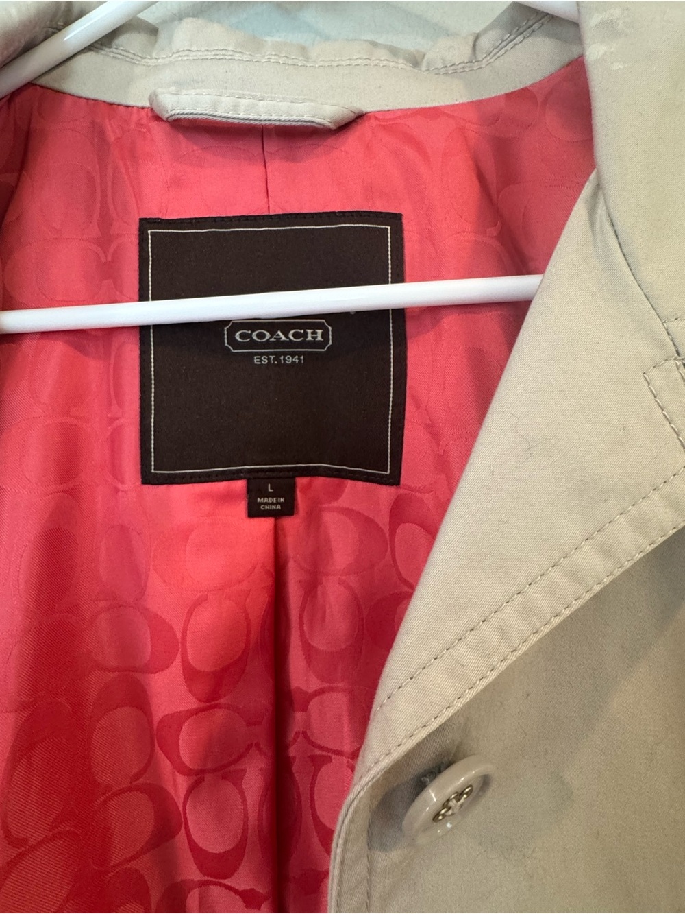 COACH Single Breasted Short Trench Coat Bone L Pink Lining Small Stain See Pic - Picture 3 of 10
